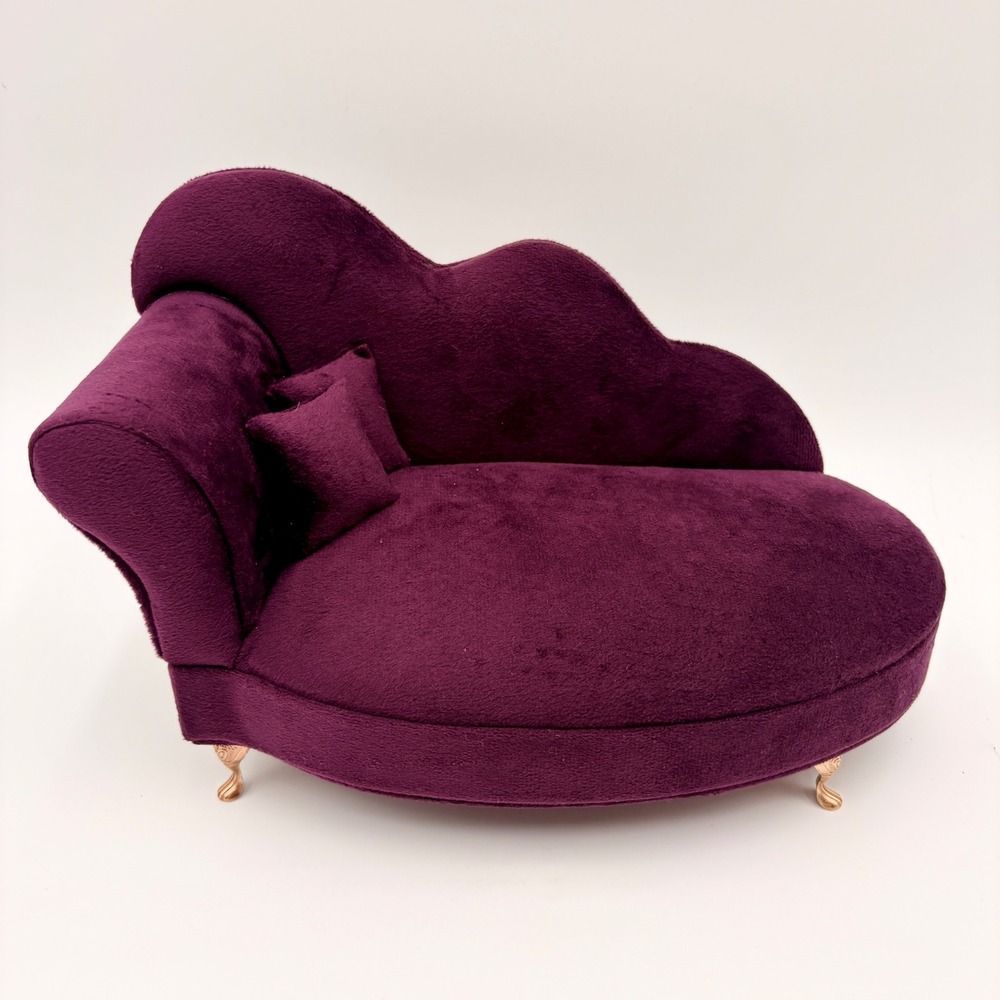 Burgundy Velvet Chaise Lounge Jewelry Box Miniature Sofa with Mirror & Ring